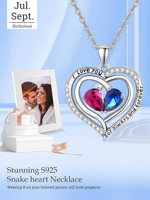 Valentine's Day Gifts for Wife 925 Sterling Silver Double Birthstone Pendant Necklaces I Love You for Always and Forever Necklace Anniversary Birthday Gifts for Wife Girlfriend Mom Her