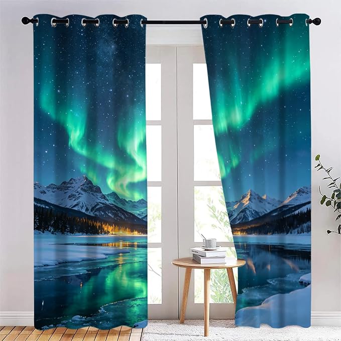 Aurora Curtain, Snow Mountain Glacier Lake Curtains by Unknown