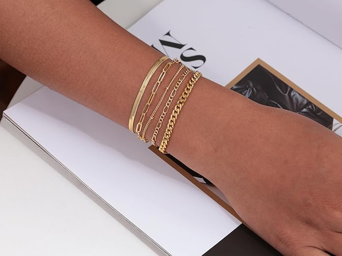 DEARMAY Gold Bracelets for Women Waterproof, 14K Gold Plated Jewelry Sets Trendy Thin Dainty Stackable Cuban Link Paperclip Chain Bracelet Pack Fashion Accessories Gifts for Womens