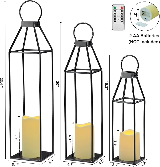 Perfnique Set of 3 Black Metal Lanterns w/ Waterproof Flickering Flameless - Image 4