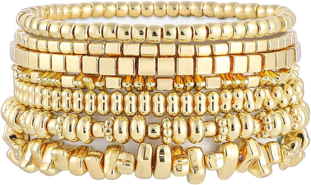 Gold Plated Beaded Bracelets for Women Trendy, 14K Gold Plated Stack Cross Pearl Gold Plated Bead Stretch Bracelets Set Elastic Hypoallergenic Bracelets Jewelry Gifts