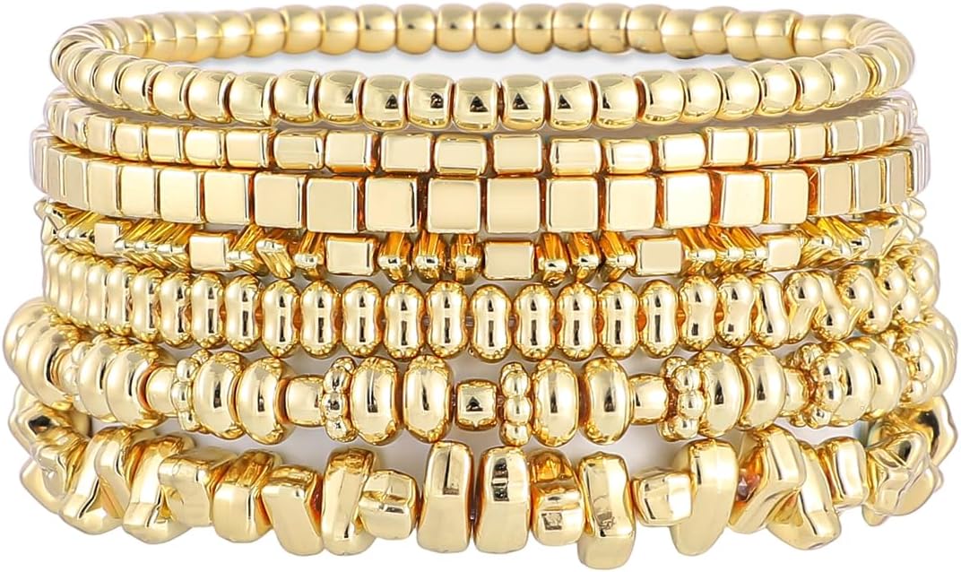 Gold Plated Beaded Bracelets for Women Trendy, 14K Gold Plated Stack Cross Pearl Gold Plated Bead Stretch Bracelets Set Elastic Hypoallergenic Bracelets Jewelry Gifts