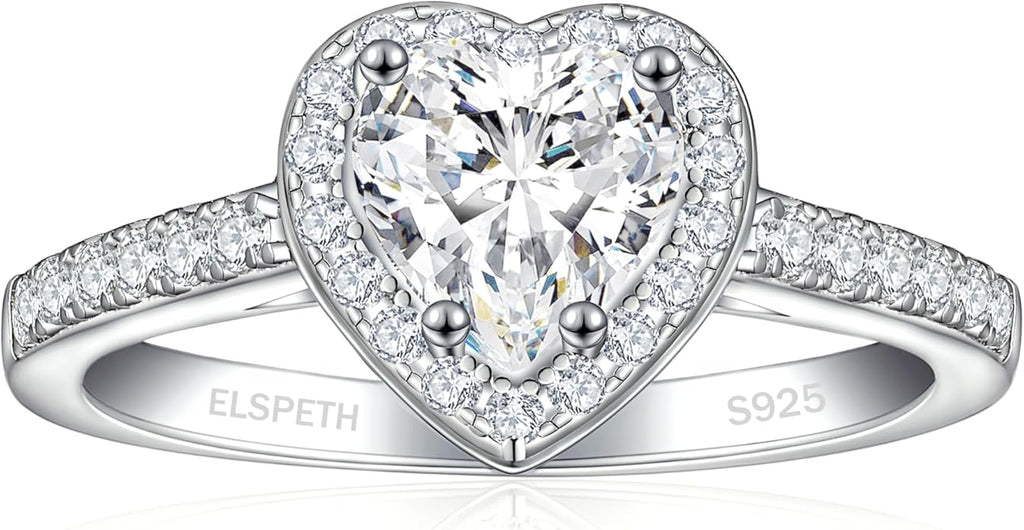Elspeth 925 Sterling Silver Heart Engagement Ring for Women Heart Cut Cubic Zirconia Promise Ring Size 4-10