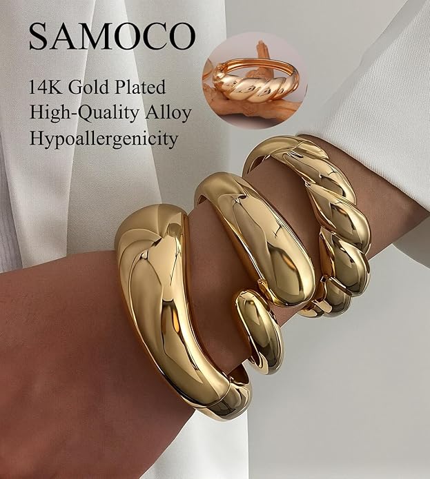 SAMOCO 3Pcs Chunky Gold Bangle Bracelets for Women Trendy Wide Wrist Cuff Bracelets Stack Statement Bangle Fashion Gifts
