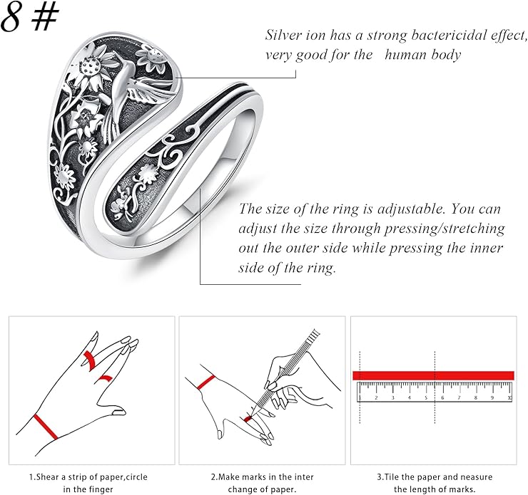 Spoon Ring for Women 925 Sterling Silver Hummingbird Ring Vintage Antique Spoon Rings Hummingbird Jewelry Adjustable Rings for Women