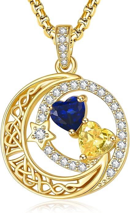 14K Gold Moon and Star Necklace Gifts for Women - Double Heart Birthstone Necklace, Valentines Wedding Anniversary Birthday Gifts for Her Wife Mom Daughter Grandma Sister