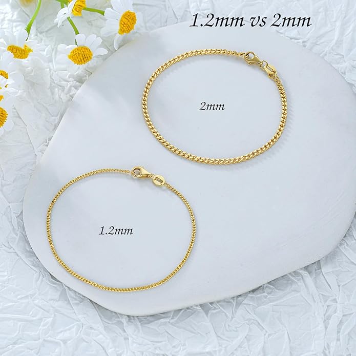 14K Yellow Gold 6-13 Inch 1.2mm-3.2mm Chain Bracelet Anklet for Women, Cuban Link Curb/Rope/Paper Clip/Round Snake/Herringbone/Bead/Water Wave, Thin Gold Chain Bracelet Durable Strong Real 14k Gold Chain Bracelet Anklet