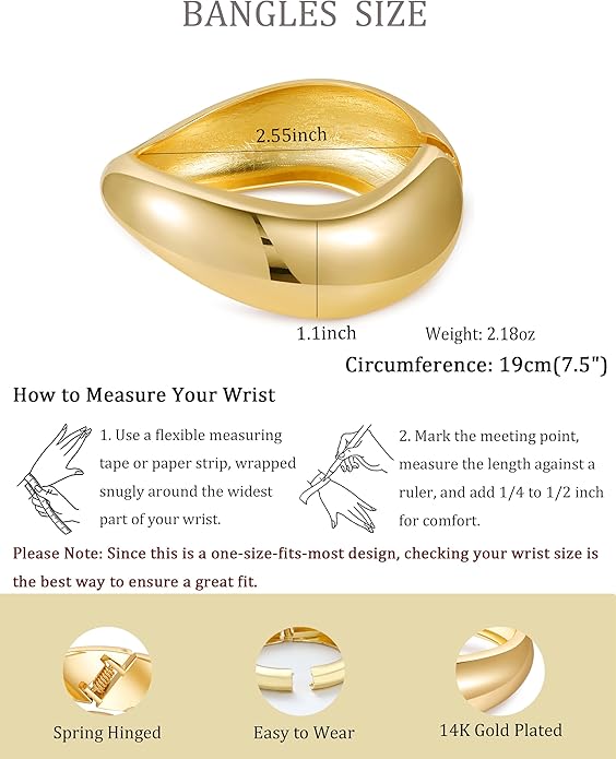 Bangle Bracelets for Women | 14K Gold Plated Trendy Wide Bracelets | Hinged Arm Cuff Bangles Chunky Bracelet for Women