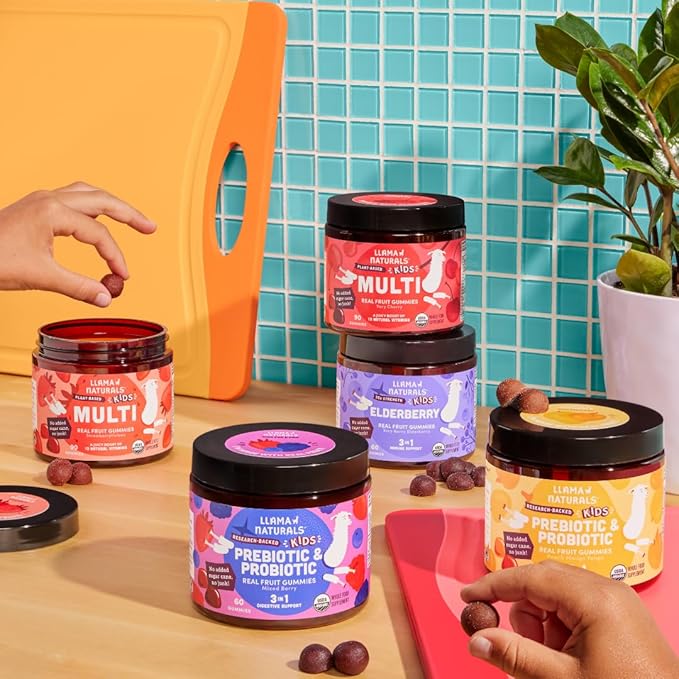 Llama Naturals Kids Probiotic with Prebiotic Fiber, Vegan, Organic Prebiotics and Probiotics Gummies for Gut Health Support, Toddler Real Fruit Gummy Vitamins, No Added Sugar Cane, Peach Mango, 60 Ct