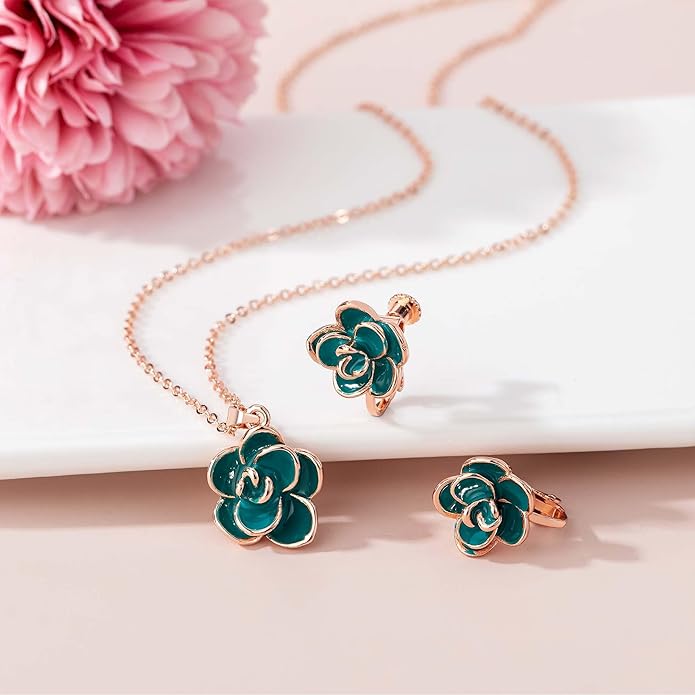 Dainty Rose Flower Pendant Necklace Clip On Earrings Set for Women 14K Gold Plated Hypoallergenic Jewelry Sets