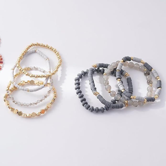 GOOJIDS Surfer Heishi Clay Bead Bracelets for Women Bohemian Stackable Gold Plated Beaded Stretch Bracelets Elastic Layering Friendship Bracelets Set Boho Jewelry