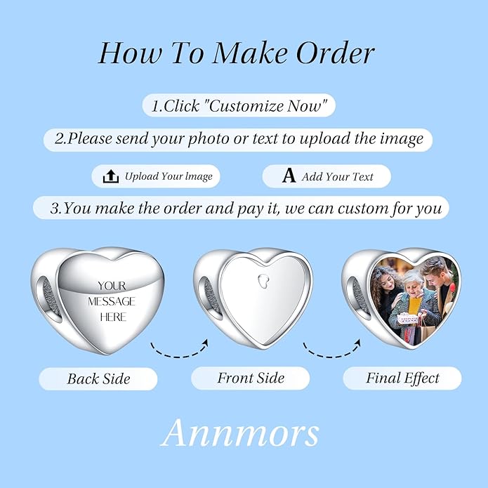 Annmors Personalized Photo Charm for Bracelet Necklaces,925 Sterling Silver Charm Love Heart Shaped Engraved Customize Picture Gift for Birthday Mother's Day Christmas,Bead Charms Jewelry for Women