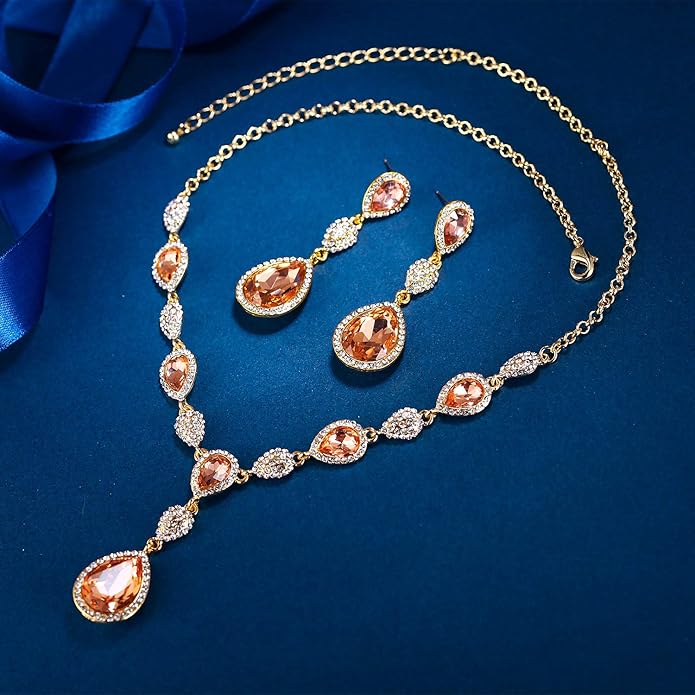 EleQueen Women's Cubic Zirconia Teardrop Y-Necklaces Dangle Earrings Jewelry Sets for Brides Bridesmaids