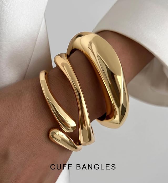 Chunky Gold Bangle Bracelets for Women, Dainty 14k Gold Plated Big Stackable Bangles Set, Trendy Statement Cuff Bracelet Stack Fashion Jewelry Christmas Gifts