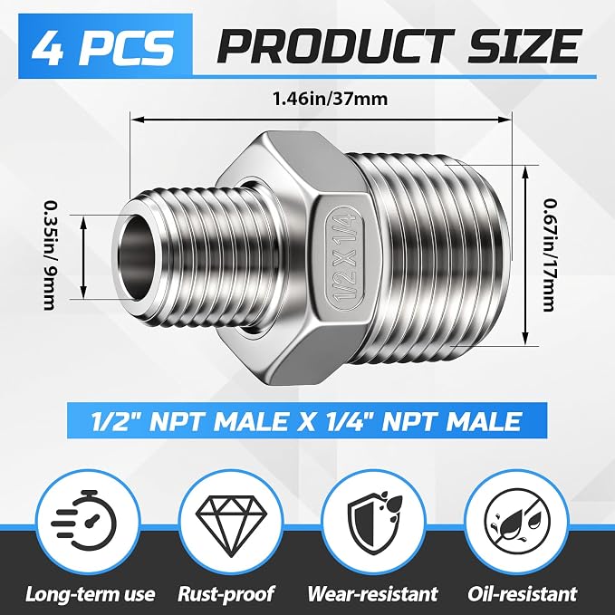 1/2" Mnpt to 1/4" Mnpt Male to Male 4 Pcs Hex Bushing Nipple Reducer, 316 - Image 2