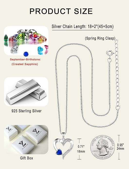 YL Heart Necklace 925 Sterling Silver Love Heart Pendant Birthstone Jewelry for Women