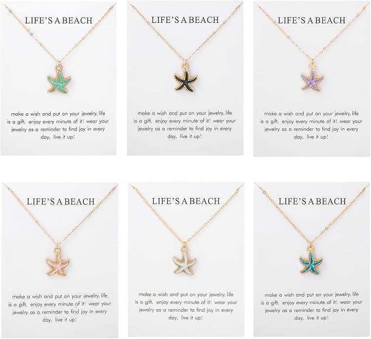 6Pcs Gold Beach Starfish Necklace Set for Women Cute Beachy Hawaii Star Fish Bulk Necklaces Pack Trendy Hawaiian Friendship Matching Jewelry Accessories