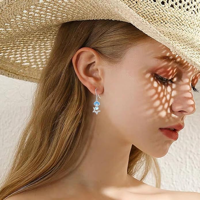 Starfish Shell Earrings 925 Sterling Silver Starfish Dangle Earrings Moonstone Earrings Seashell Dangle Earrings with Blue Opal Ocean Summer Vacation Beach Jewelry Gift