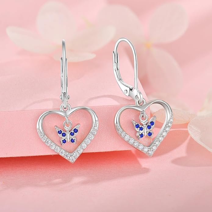 Butterfly Birthstone Heart Dangle Drop Earrings, 925 Strlings Silver 5A Cubic Zircon Leverback Earrings Jewelry Anniversary Birthday Gifts for Women
