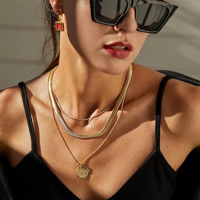 Dainty Layered Choker Necklace 18k gold Plated Y Pendant Commemorative coin Necklace Multilayer Bar Disc Necklace Adjustable Layering Choker Necklaces fashion jewelry for Women Girls