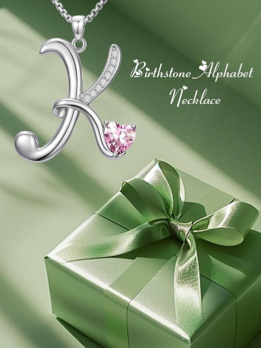 Valentines Day Gifts for Women Alphabet A to Z Initial Birthstone Pendant Necklaces for Women - 18k White Gold Plated Personalized Name Jewelry Valentine Mothers Day Birthday Gifts for Women Her Girlfriend