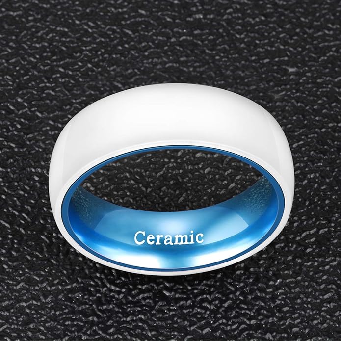 POYA White Ceramic Ring 6mm 8mm Wedding Band for Men Women Inlay Anodized Aluminum Liner Comfort Fit