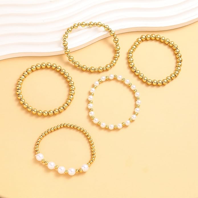 wgoud Gold Bracelets for Women - Trendy 14K Real Gold Plated Beaded Bracelet Set with Stretch Beads, Waterproof, Adjustable, Perfect Gifts