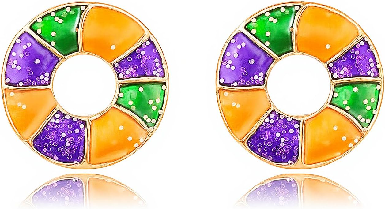 MardiGras Stud Earrings for Women Glitter Delicate Compact Flower Mask Hat Lips Stud Earring Charm Green Purple Gold Carnival Earring Cute MardiGras Jewelry Accessories for Women