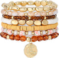 GOOJIDS Surfer Heishi Clay Bead Bracelets for Women Bohemian Stackable Gold Plated Beaded Stretch Bracelets Elastic Layering Friendship Bracelets Set Boho Jewelry