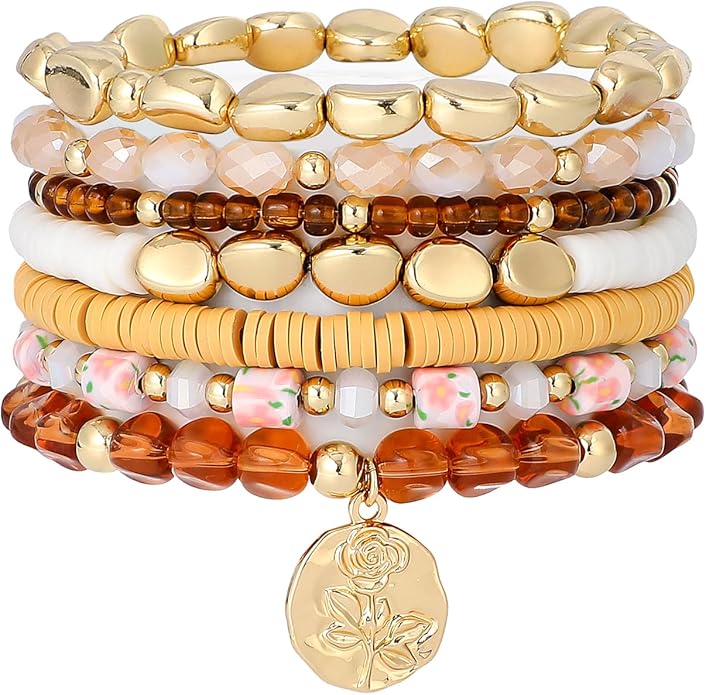 GOOJIDS Surfer Heishi Clay Bead Bracelets for Women Bohemian Stackable Gold Plated Beaded Stretch Bracelets Elastic Layering Friendship Bracelets Set Boho Jewelry