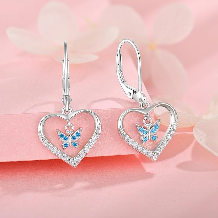 Butterfly Birthstone Heart Dangle Drop Earrings, 925 Strlings Silver 5A Cubic Zircon Leverback Earrings Jewelry Anniversary Birthday Gifts for Women