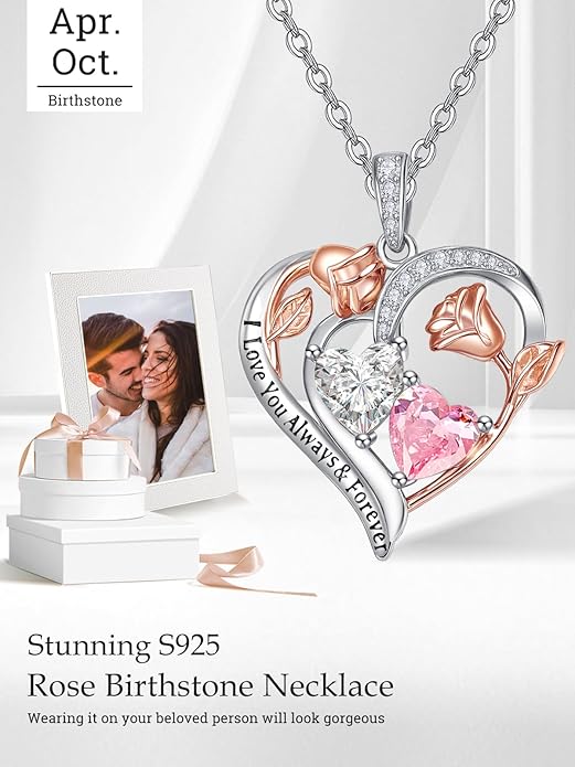 Valentine's Day Gifts for Wife 925 Sterling Silver Double Birthstone Pendant Necklaces I Love You for Always and Forever Necklace Anniversary Birthday Gifts for Wife Girlfriend Mom Her
