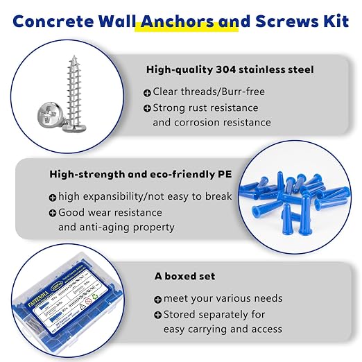240Pcs Conical Concrete Anchors and 304 Stainless Steel Screws Assortment Kit - Image 3