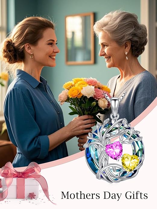 TOUPOP s925 Sterling Silver Family Celtic Tree of Life Pendant Necklaces with 2 Heart Birthstone with Blue Austrian Crystal Jewelry Birthday Valentines Day Gifts for Her, Anniversary Christmas Gifts for Wife Girlfriend Mom (18K Real White Gold Filled)