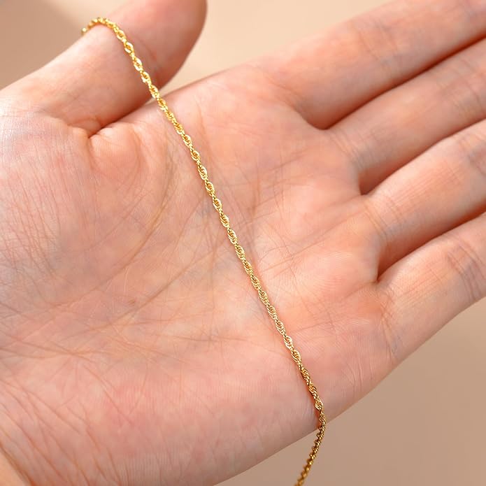 14K Yellow Gold 6-13 Inch 1.2mm-3.2mm Chain Bracelet Anklet for Women, Cuban Link Curb/Rope/Paper Clip/Round Snake/Herringbone/Bead/Water Wave, Thin Gold Chain Bracelet Durable Strong Real 14k Gold Chain Bracelet Anklet