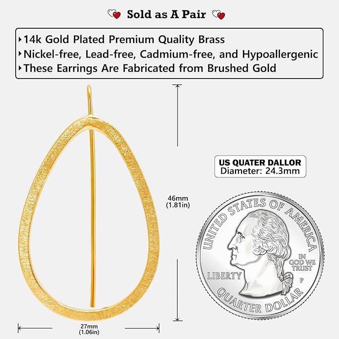 OZEL Gold Dangle Earrings for Women Brushed Finish, Matte Gold Statement Jewelry, 14k Gold Plated