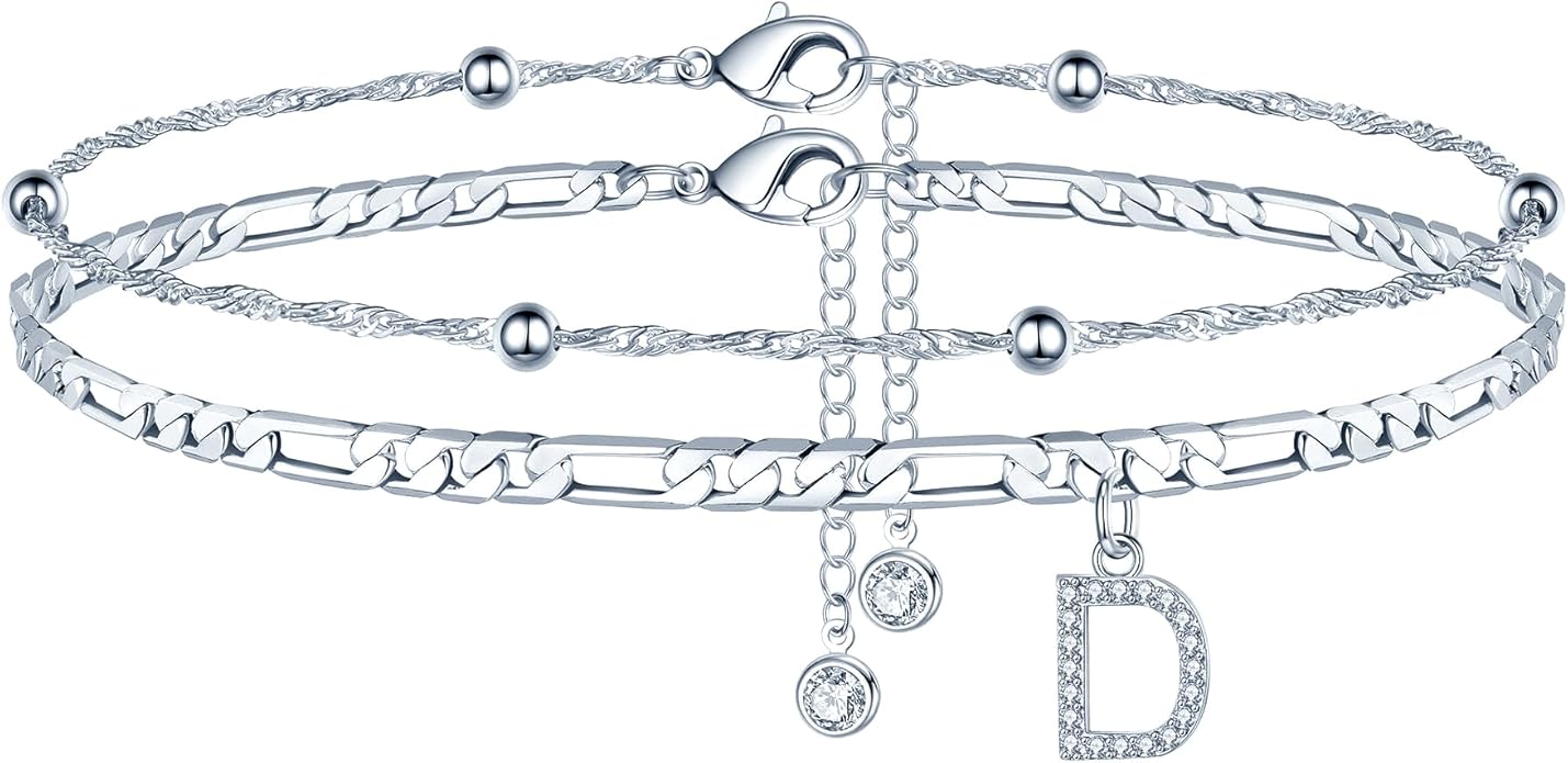 Ursteel Ankle Bracelets for Women, 14K Gold Plated Dainty Layered Chain CZ Initial Anklets Summer Jewelry Gifts for Women