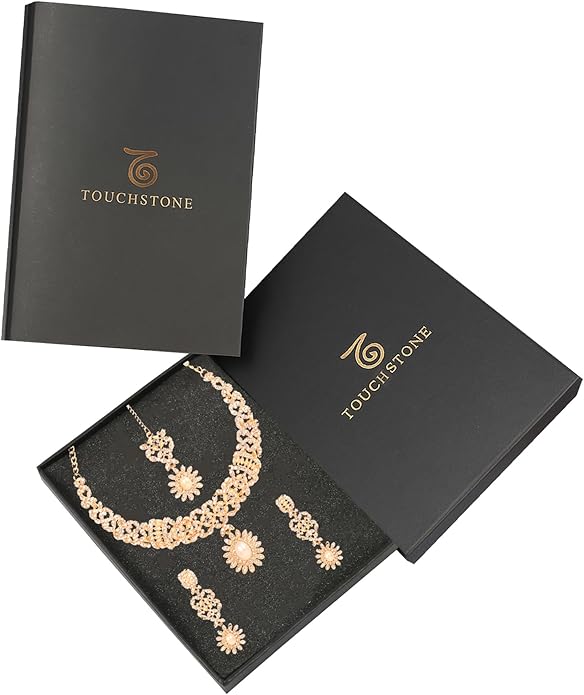 Touchstone Indian jewelry sets for women wedding gold kundan necklace traditional earrings tikka bollywood party style white crystal rhinestone guest gift bridal costume prom dainty accessories