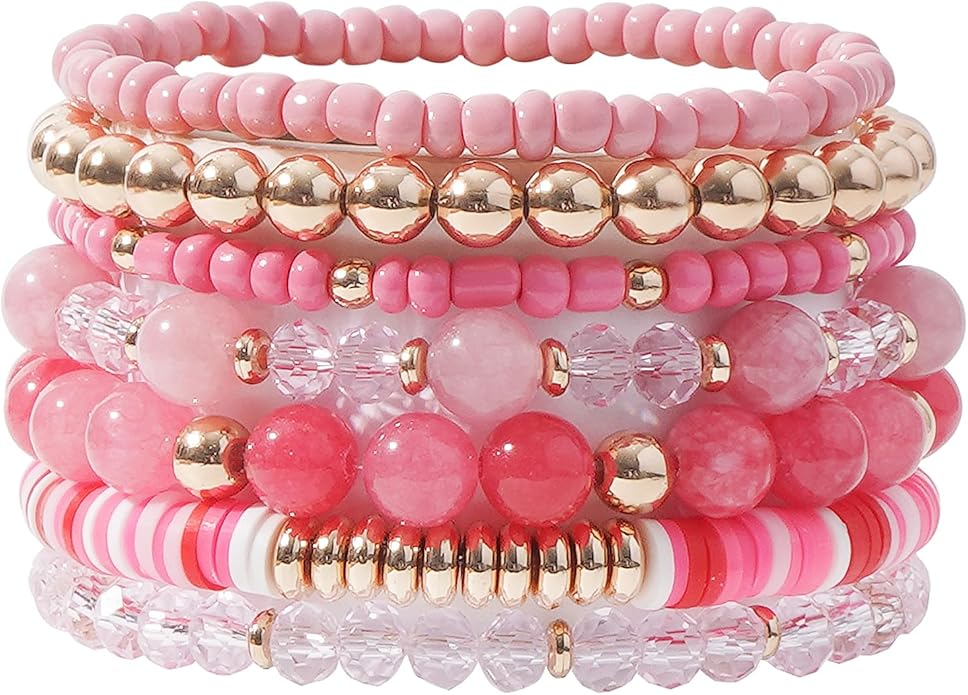 GOOJIDS Surfer Heishi Clay Bead Bracelets for Women Bohemian Stackable Gold Plated Beaded Stretch Bracelets Elastic Layering Friendship Bracelets Set Boho Jewelry