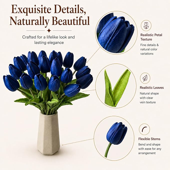 Mandy's 20pcs Artificial Royal Blue Tulips | 13.5 Inch Lifelike PU Tulips Faux - Image 4