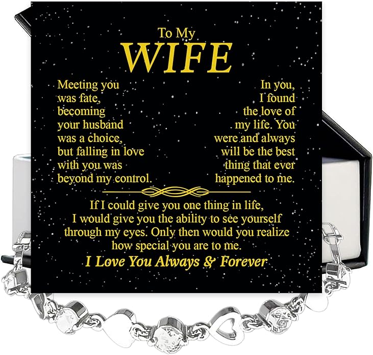 “To My Wife Heart Bracelet – Crystal Heart Link Jewelry Gift with Message Card”.