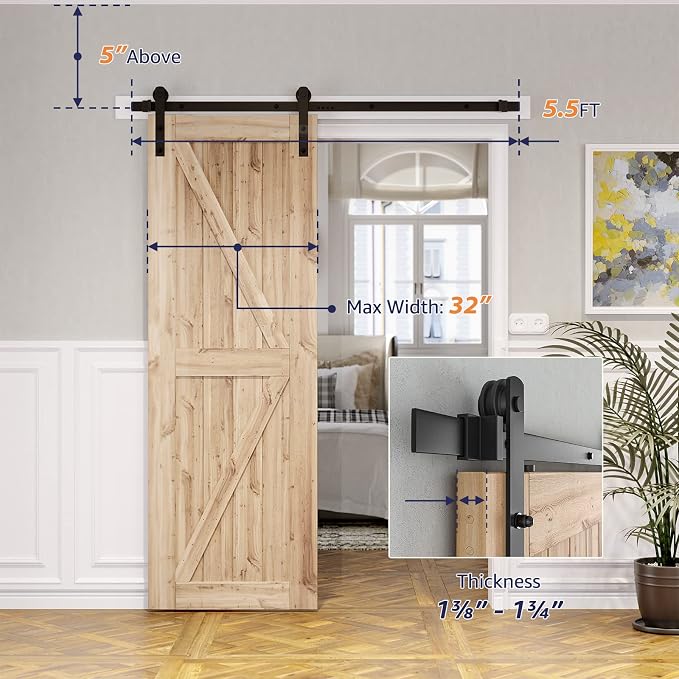 SMARTSTANDARD 5.5ft Sliding Barn Door Hardware kit, Fit 30-33" W Doorpanel | - Image 5