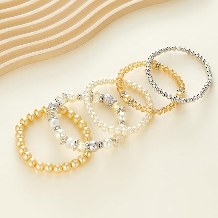 Noessla Beaded Pearl Stretch Bracelet Silver Stackable Crystal Beads Bracelets Trendy Costume Jewelry Mothers Day Gifts for Women