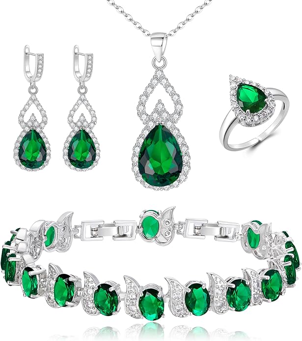 BriLove Wedding Jewelry Set for Women Bride Bridesmaid, Gorgeous Cubic Zirconia Teardrop Necklace Earrings Bracelet Adjustable Ring Jewelry Gift for Birthday/Anniversary/Mother’s Day