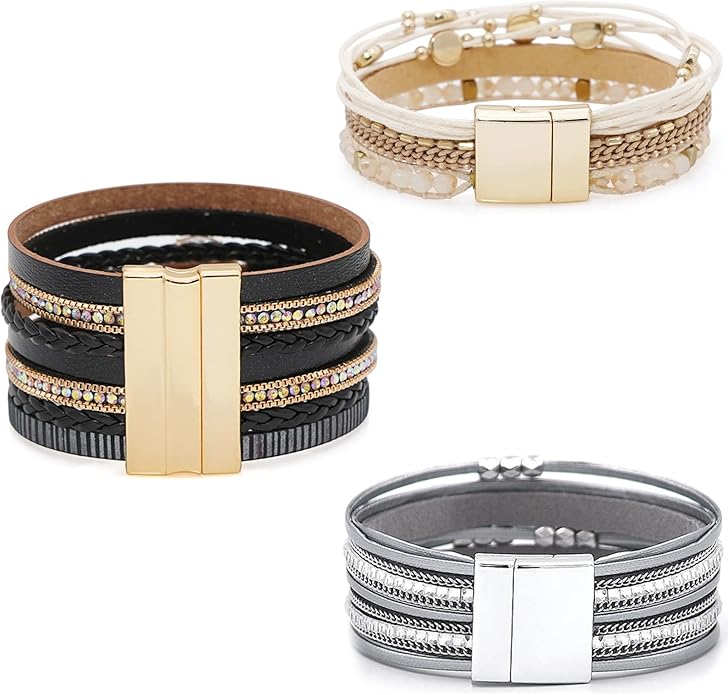 Wowanoo 3Pack Leather Cuff Bracelet Set Multilayer Wrap Bracelet Crystal Feather Tree Bracelet Magnetic Clasp Bracelet for Women