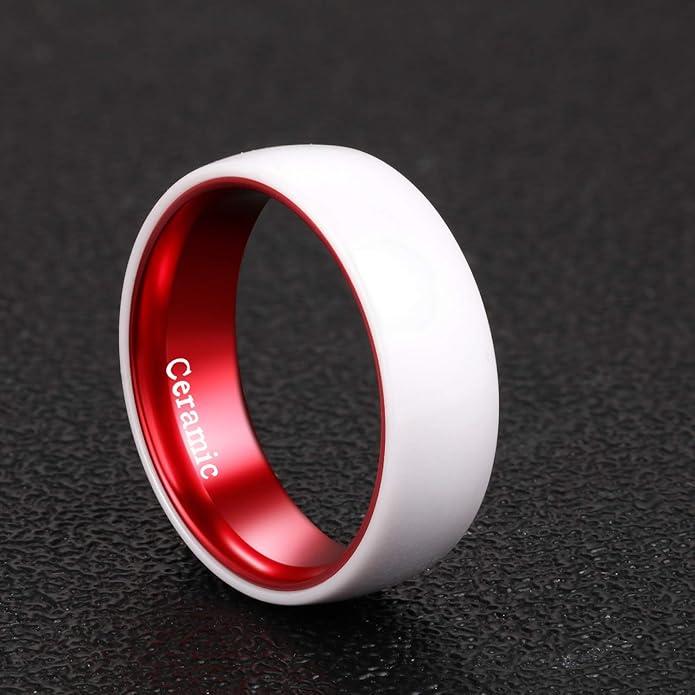 POYA White Ceramic Ring 6mm 8mm Wedding Band for Men Women Inlay Anodized Aluminum Liner Comfort Fit
