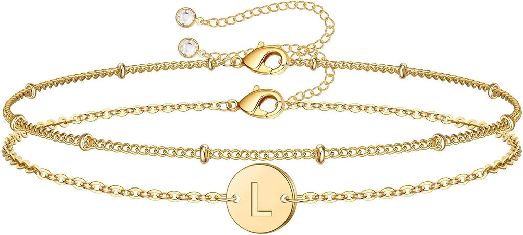 MONOZO Gold Initial Bracelets for Women Girls Valentines Day Gifts - Dainty 14K Gold Plated Layered Beaded Letter Initial Bracelet 26 Alphabet Disc Monogram Charm Bracelet Valentines Day Gifts for Her
