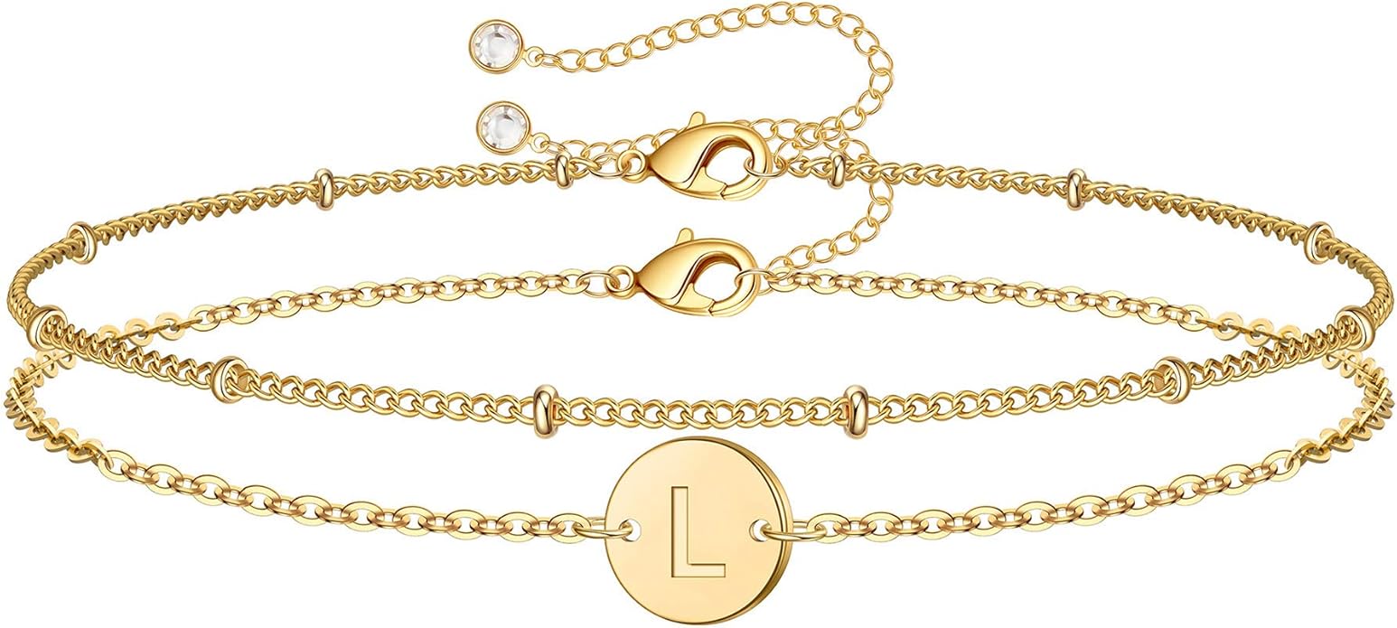 MONOZO Gold Initial Bracelets for Women Girls Valentines Day Gifts - Dainty 14K Gold Plated Layered Beaded Letter Initial Bracelet 26 Alphabet Disc Monogram Charm Bracelet Valentines Day Gifts for Her
