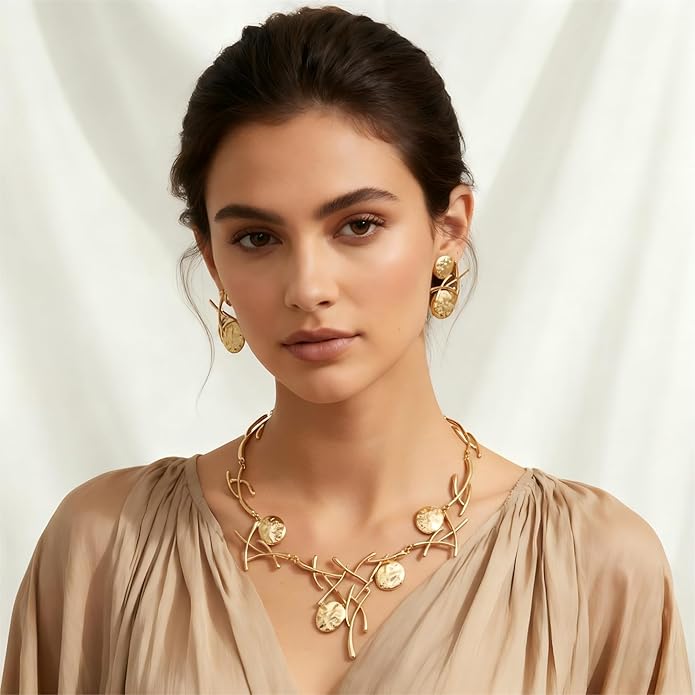 Retro Minimalist Geometric Choker And Necklace Sett For Women Chunky Jewelry Streetwear Jewelry Vintage Coin Medallion Collar Necklace And Earring Sets For Women