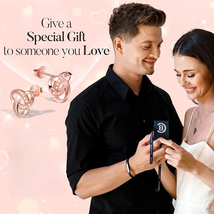 Chic Bijoux Knot Earrings for Women – With Round Cubic Zirconia stones and 925 Sterling Silver – Gift for Her Birthday, Rose Gold Jewelry